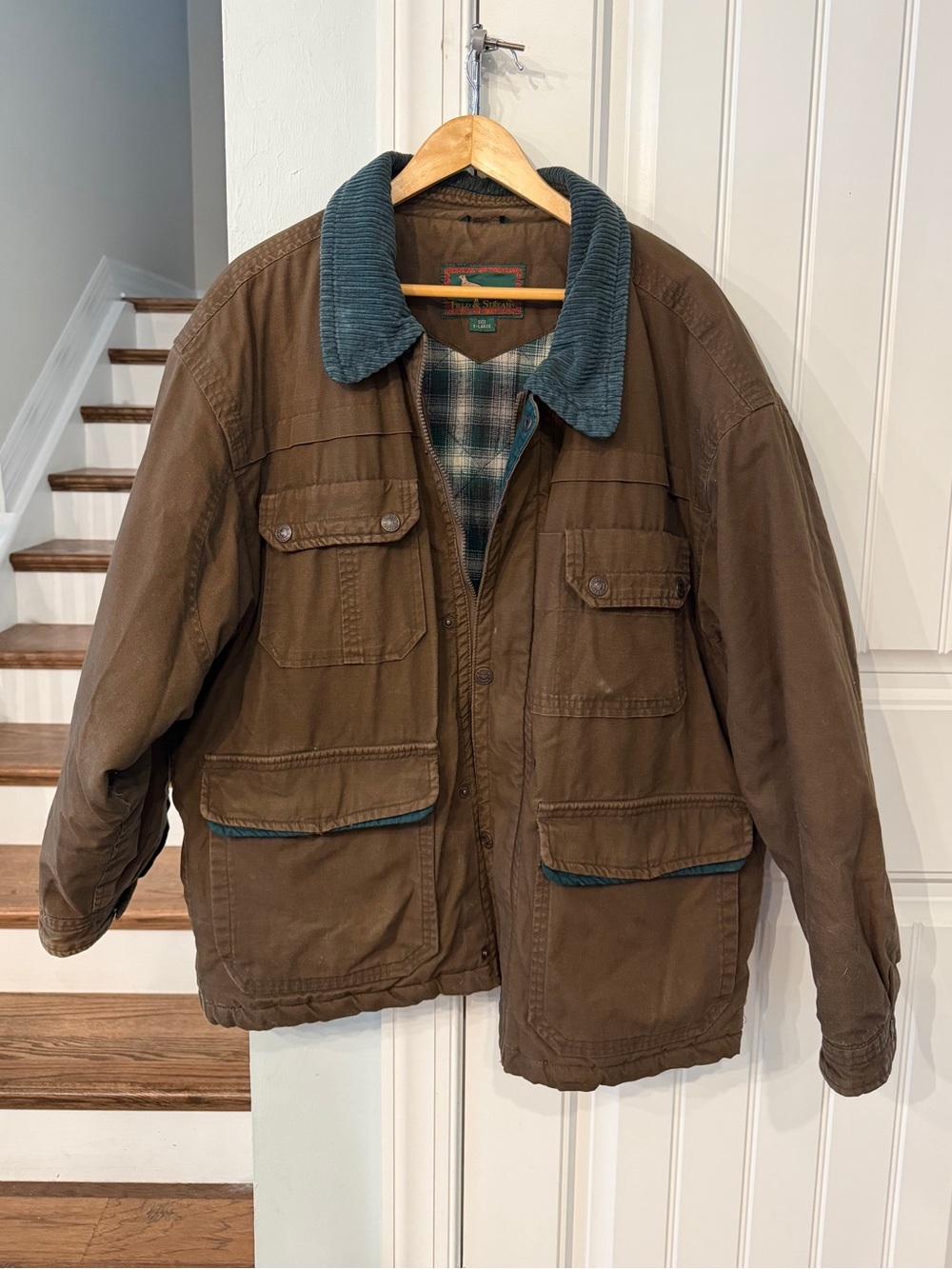 Vintage Field & Stream Barn Jacket Mens XL Brown Teal Corduroy Collar Plaid Line